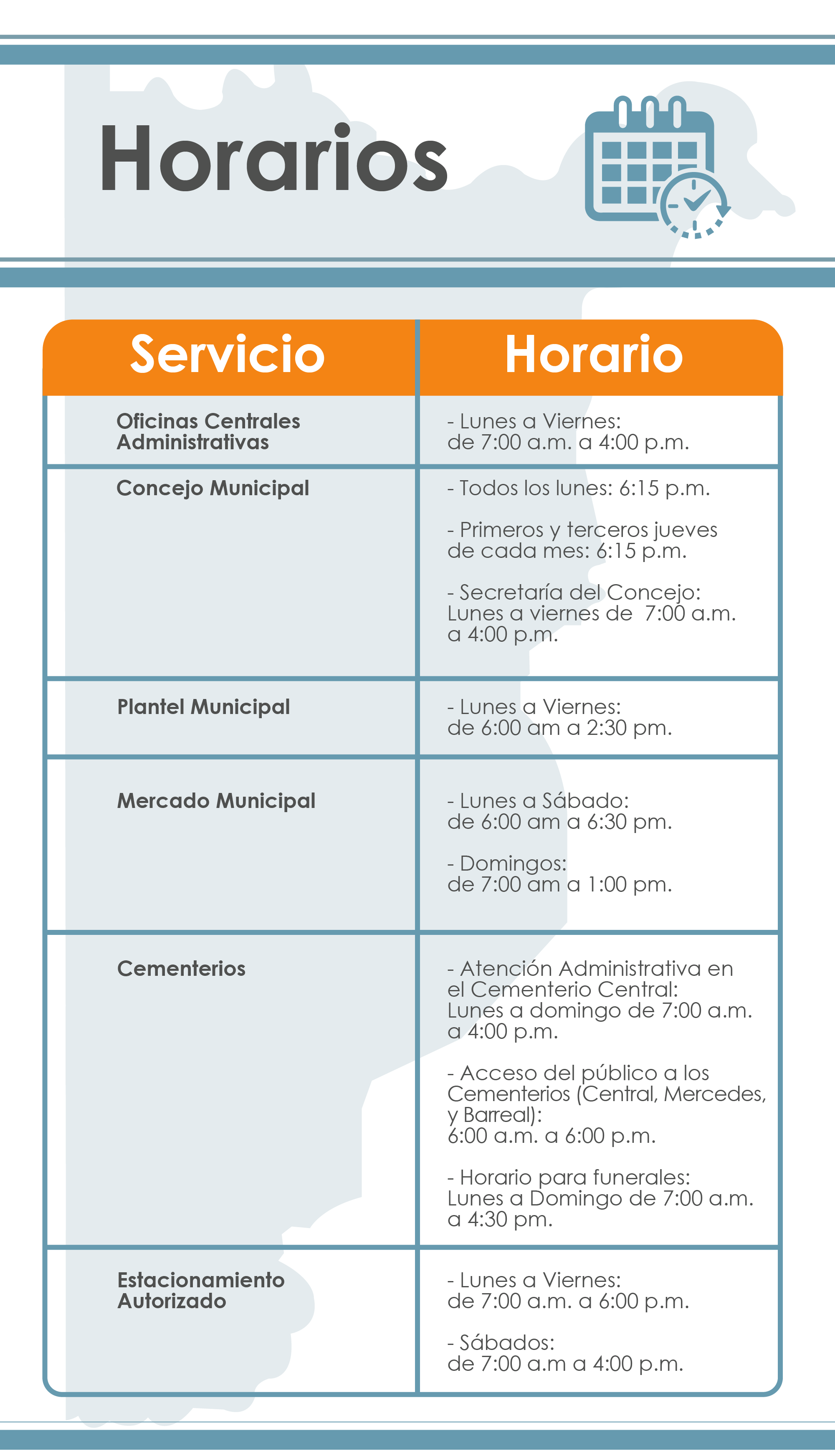 Imagen con los horarios de los diferentes servicios de la Municipalidad de Heredia