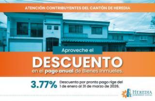 Municipalidad de Heredia aplicará descuento del 3,77% por pronto pago del Impuesto sobre Bienes Inmuebles