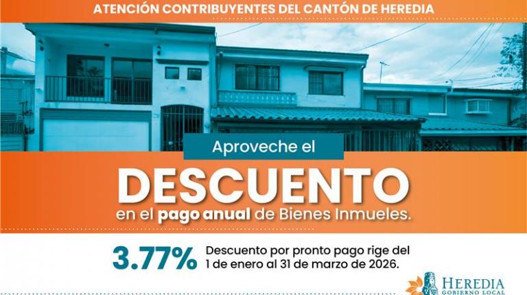 Municipalidad de Heredia aplicará descuento del 3,77% por pronto pago del Impuesto sobre Bienes Inmuebles