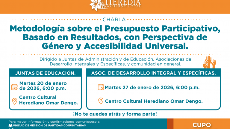 Municipalidad de Heredia invita a charlas sobre Presupuesto Participativo con enfoque de género y accesibilidad