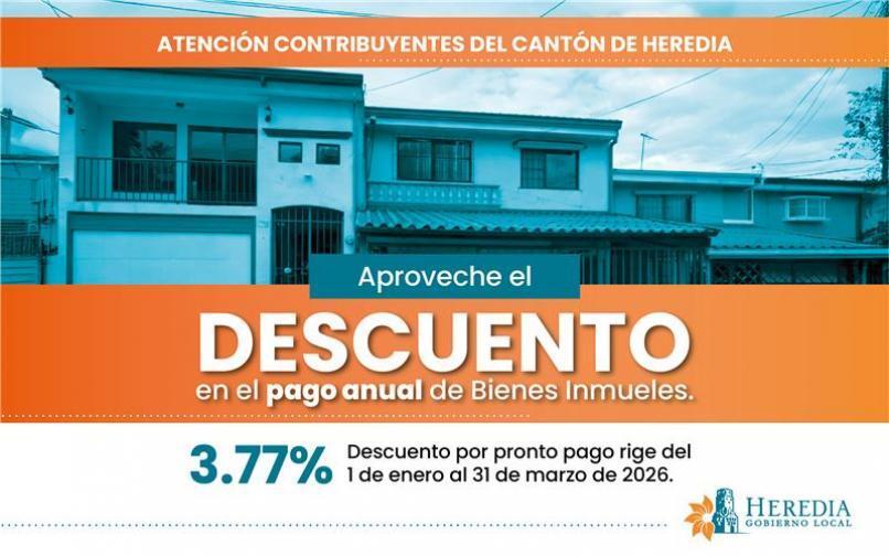 Municipalidad de Heredia aplicará descuento del 3,77% por pronto pago del Impuesto sobre Bienes Inmuebles